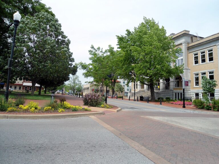 Tree-lined street and brick crosswalk on the downtown square in Bentonville, Arkansas