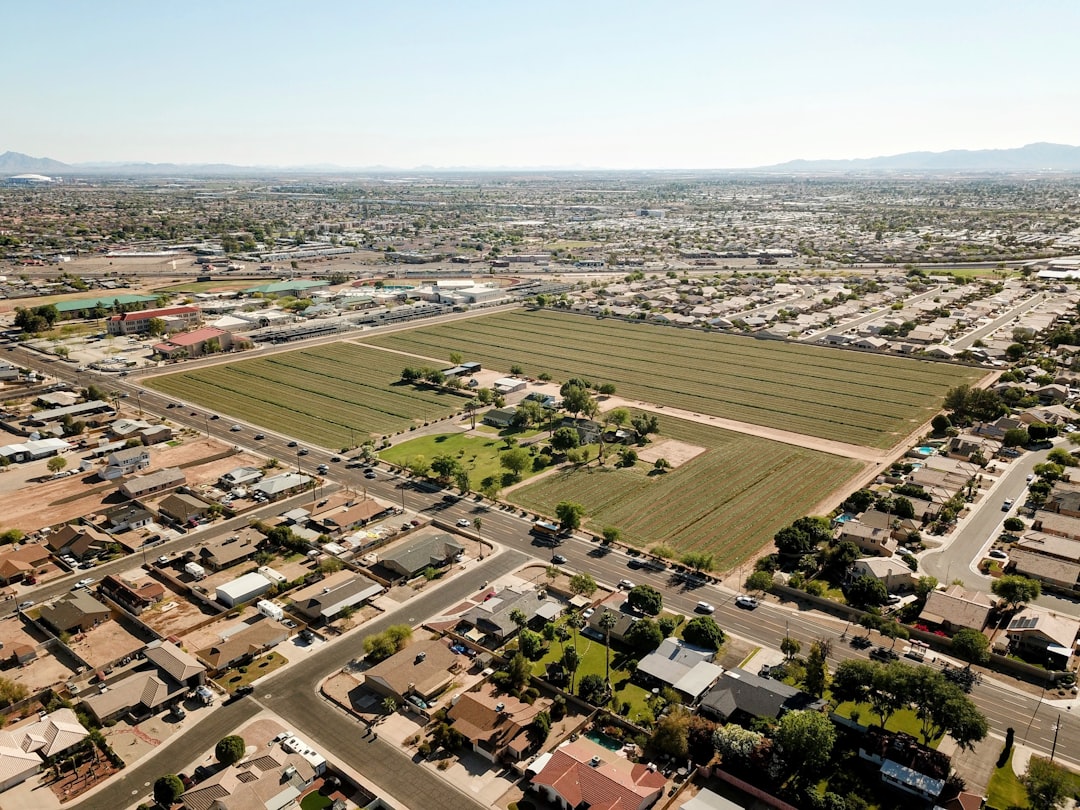 An aerial view of a suburban landscape.