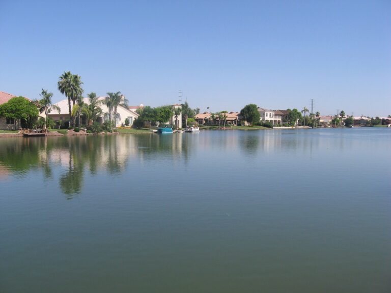 Homes with palm trees along the lake in the Val Vista Lakes neighborhood of Gilbert, Arizona