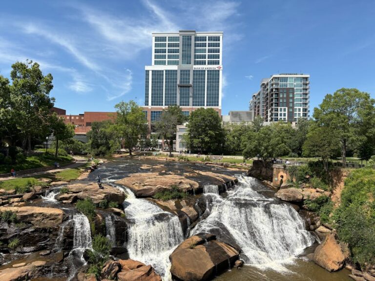 View of downtown Greenville with Reedy River Falls, a unique blend of nature and urban landscape.