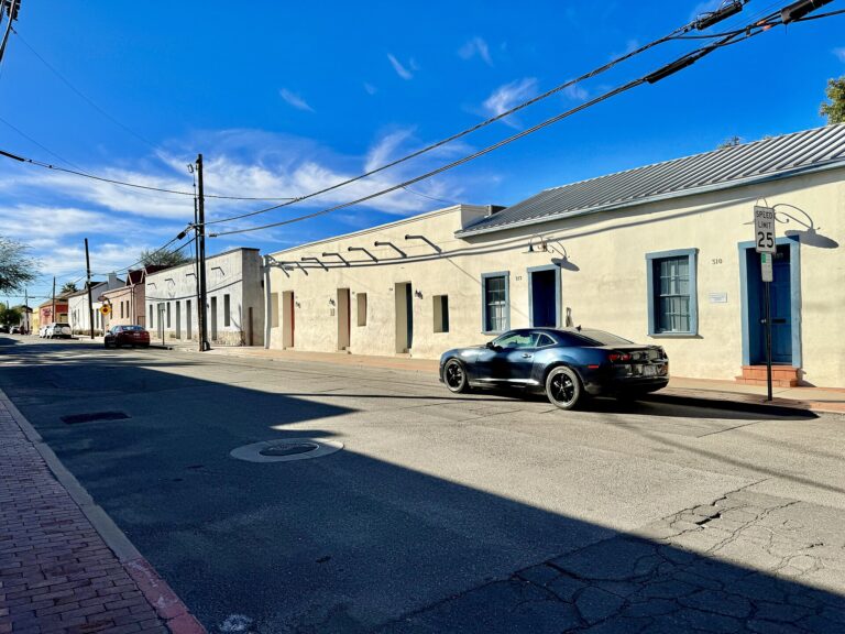 Row of 19th-century adobe houses along Convent Avenue in Tucson's Barrio Viejo neighborhood