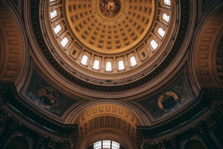Stunning view of the neoclassical dome inside the Wisconsin State Capitol in Madison.
