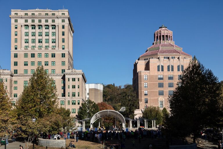Buncombe County Courthouse and Asheville City Hall above Pack Square Park, Asheville, North Carolina, 2016