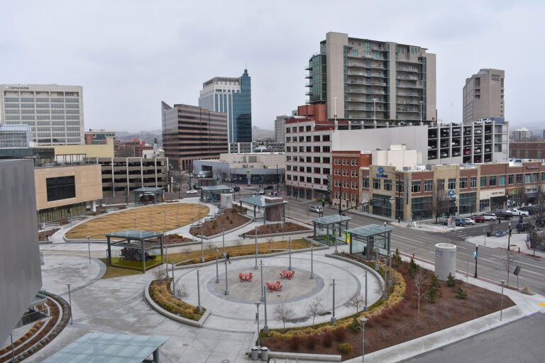 Downtown Boise, Idaho skyline seen from Jack's Urban Meeting Place (JUMP), with the Zions Bank tower and Grove Hotel