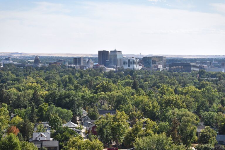 Downtown Boise skyline and the Idaho State Capitol dome beyond the tree-covered North End, seen from Camel's Back Park