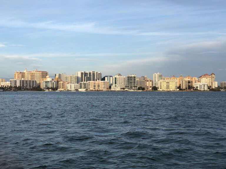Downtown Sarasota high-rises along the bayfront seen across Sarasota Bay from Bird Key Park