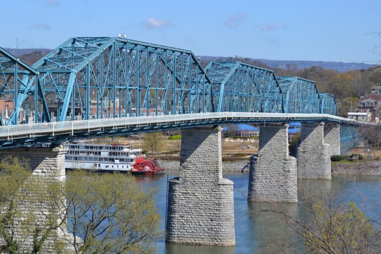 The blue truss spans of the Walnut Street Bridge over the Tennessee River in Chattanooga, with a paddlewheel riverboat below and Coolidge Park on the far bank