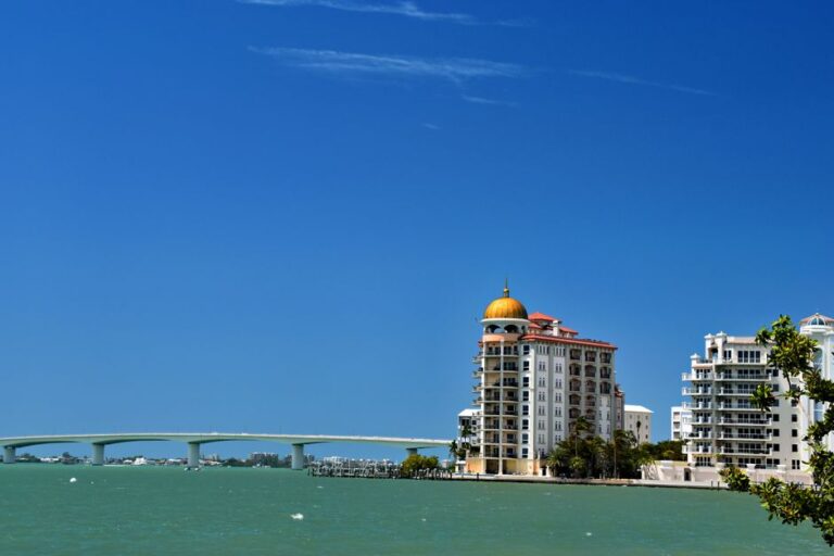 Stunning waterfront view of Sarasota's skyline and bridge under a clear blue sky.
